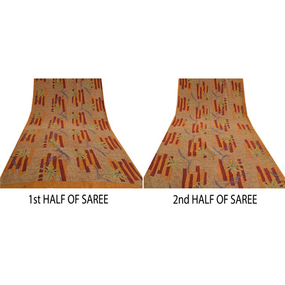 Sanskriti Vintage Sarees Indian Brown Pure Crepe Silk Printed Sari Craft Sustainable Fabric
