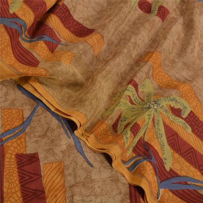 Sanskriti Vintage Sarees Indian Brown Pure Crepe Silk Printed Sari Craft Sustainable Fabric