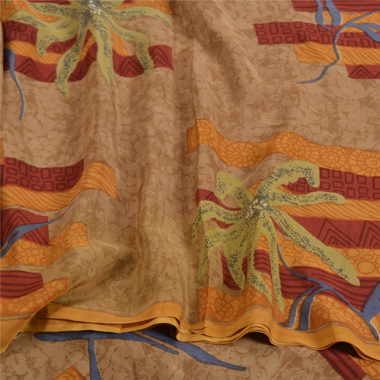 Sanskriti Vintage Sarees Indian Brown Pure Crepe Silk Printed Sari Craft Sustainable Fabric