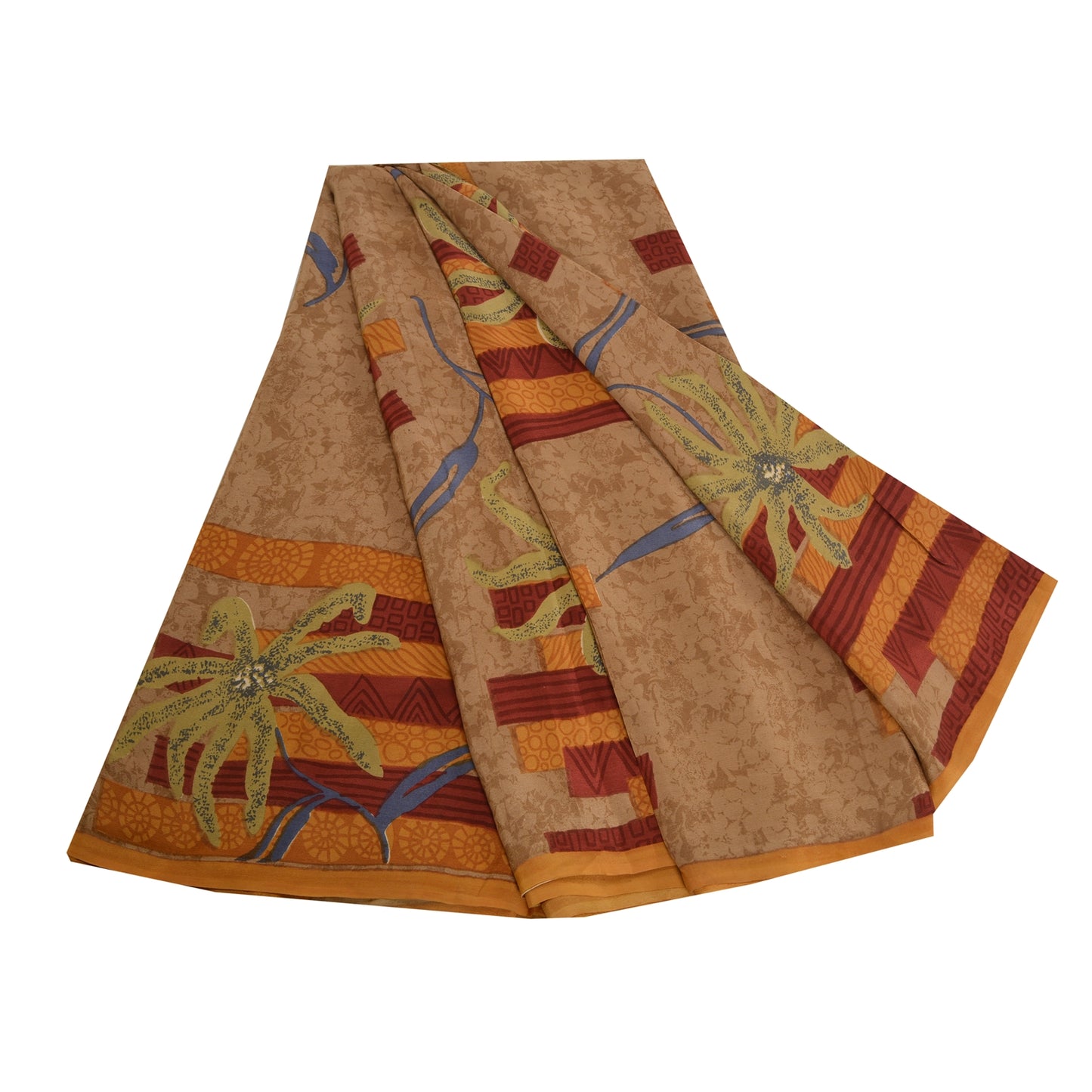 Sanskriti Vintage Sarees Indian Brown Pure Crepe Silk Printed Sari Craft Sustainable Fabric
