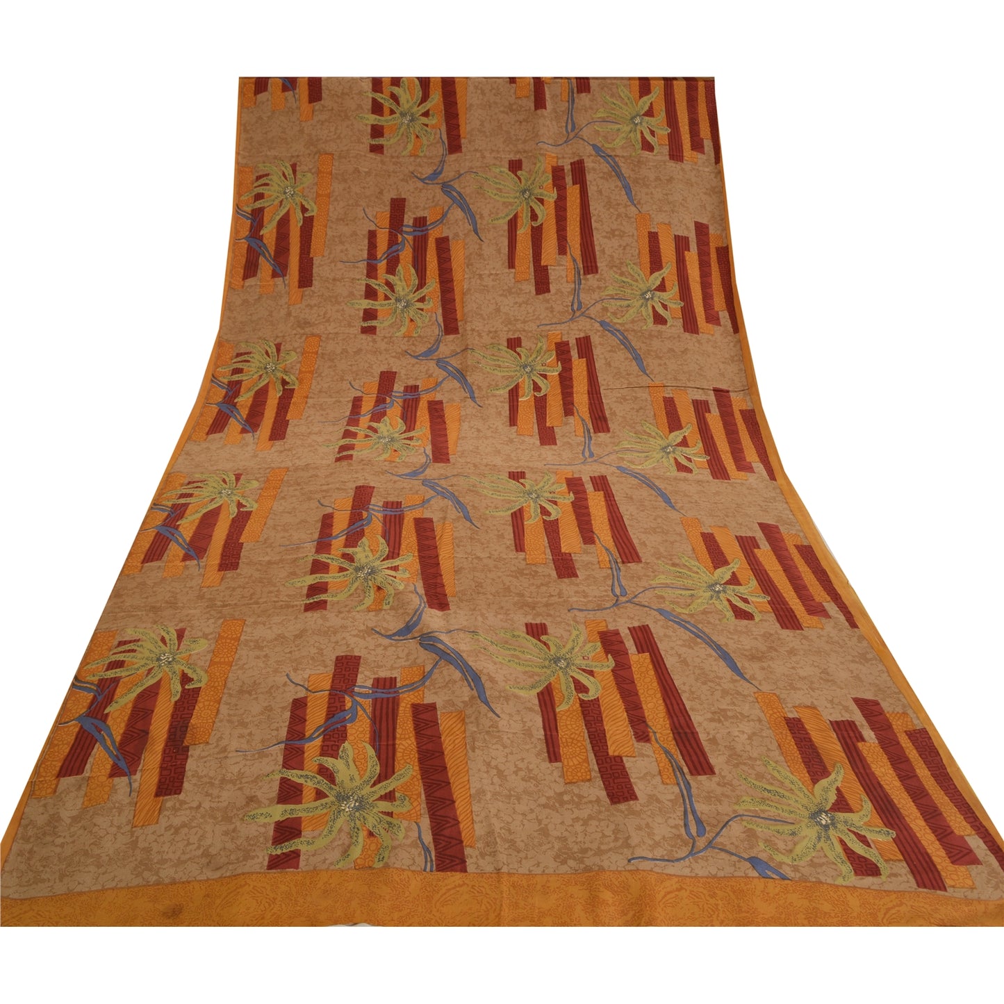 Sanskriti Vintage Sarees Indian Brown Pure Crepe Silk Printed Sari Craft Sustainable Fabric
