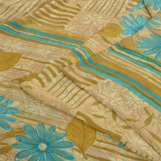 Sanskriti Vintage Sarees Grøn/Blå Ren Crepe Silke Trykt Sari Håndværk Bæredygtigt Stof