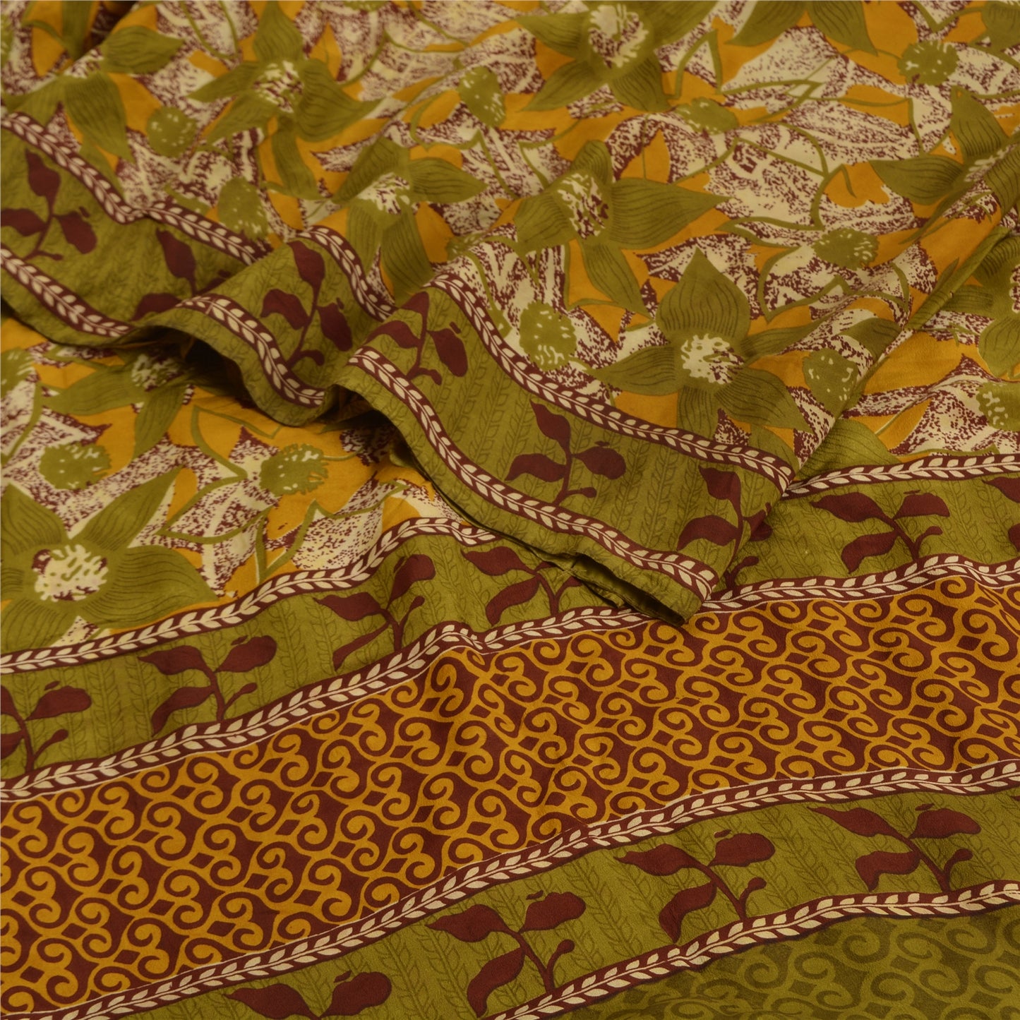 Sanskriti Vintage Sarees Indian Green Pure Crepe Silk Printed Sari Craft Sustainable Fabric