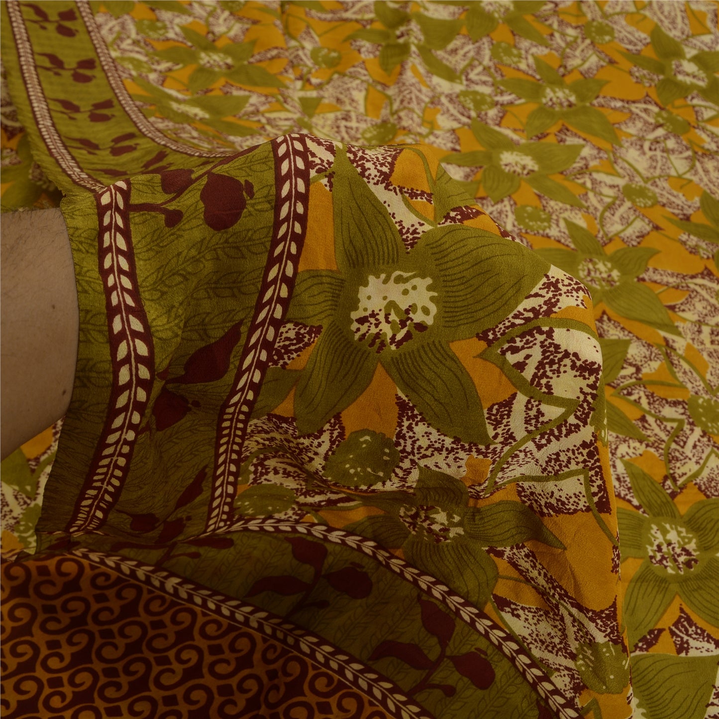 Sanskriti Vintage Sarees Indian Green Pure Crepe Silk Printed Sari Craft Sustainable Fabric