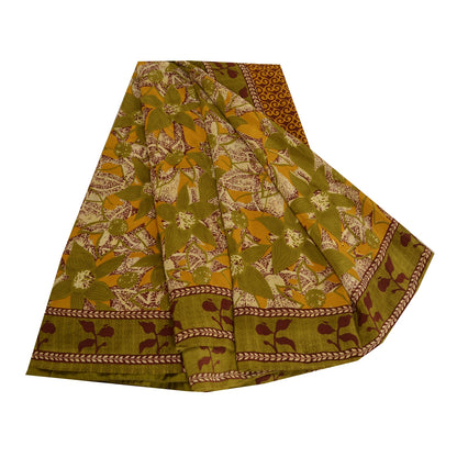 Sanskriti Vintage Sarees Indian Green Pure Crepe Silk Printed Sari Craft Sustainable Fabric