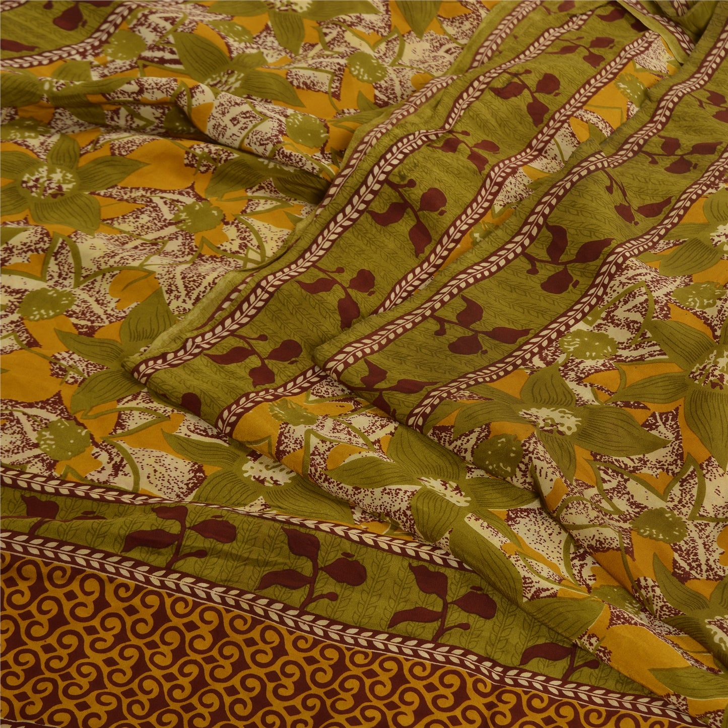 Sanskriti Vintage Sarees Indian Green Pure Crepe Silk Printed Sari Craft Sustainable Fabric