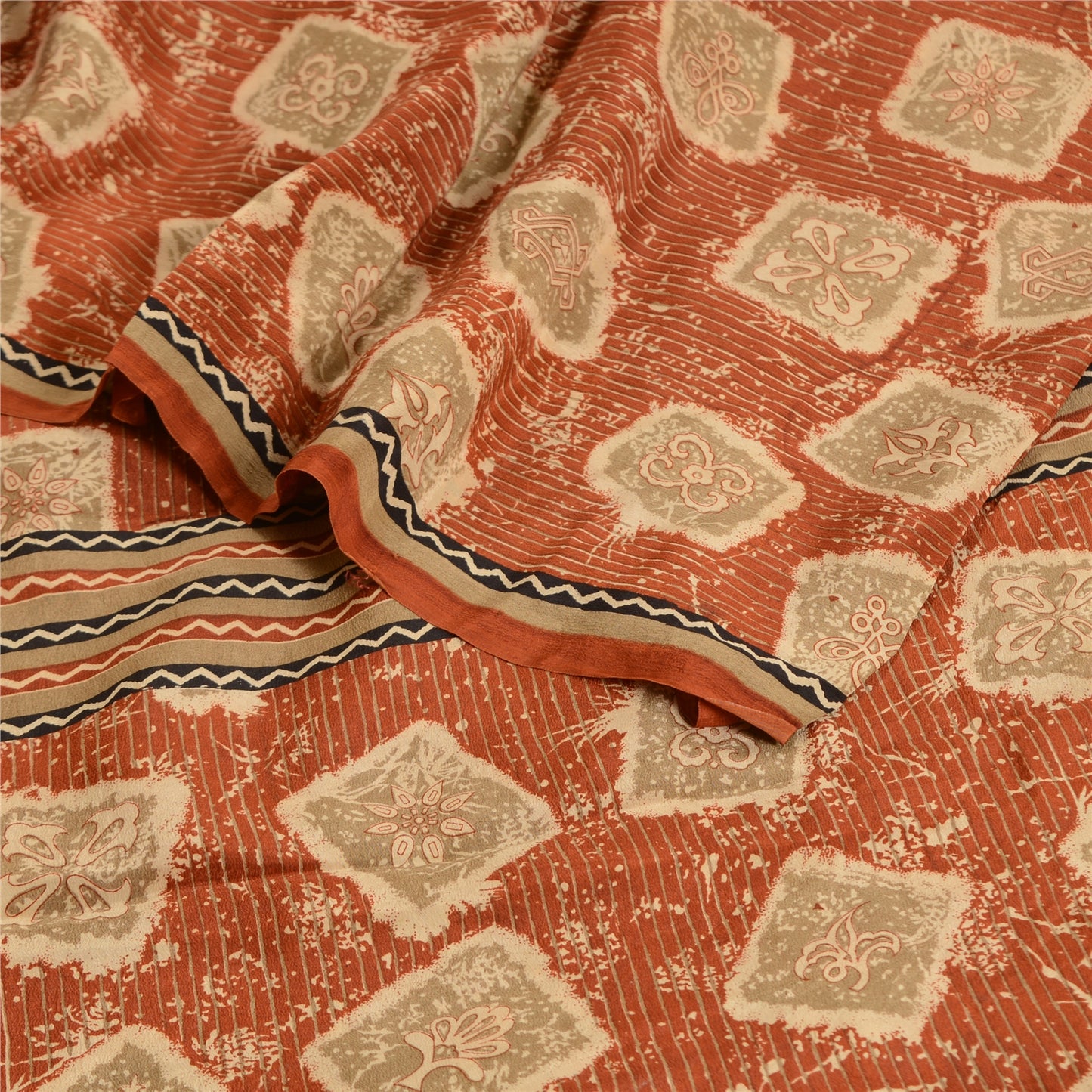 Sanskriti Vintage Sarees Orange 100% Pure Crepe Silk Printed Sari Craft Sustainable Fabric