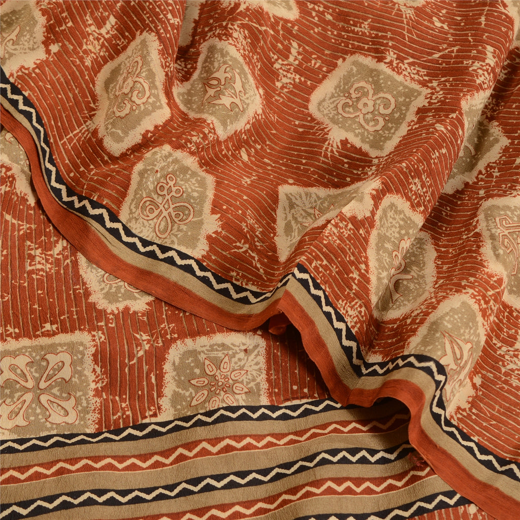 Sanskriti Vintage Sarees Orange 100% Pure Crepe Silk Printed Sari Craft Sustainable Fabric