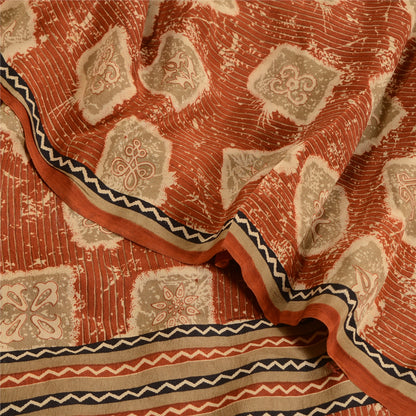 Sanskriti Vintage Sarees Orange 100% Pure Crepe Silk Printed Sari Craft Sustainable Fabric