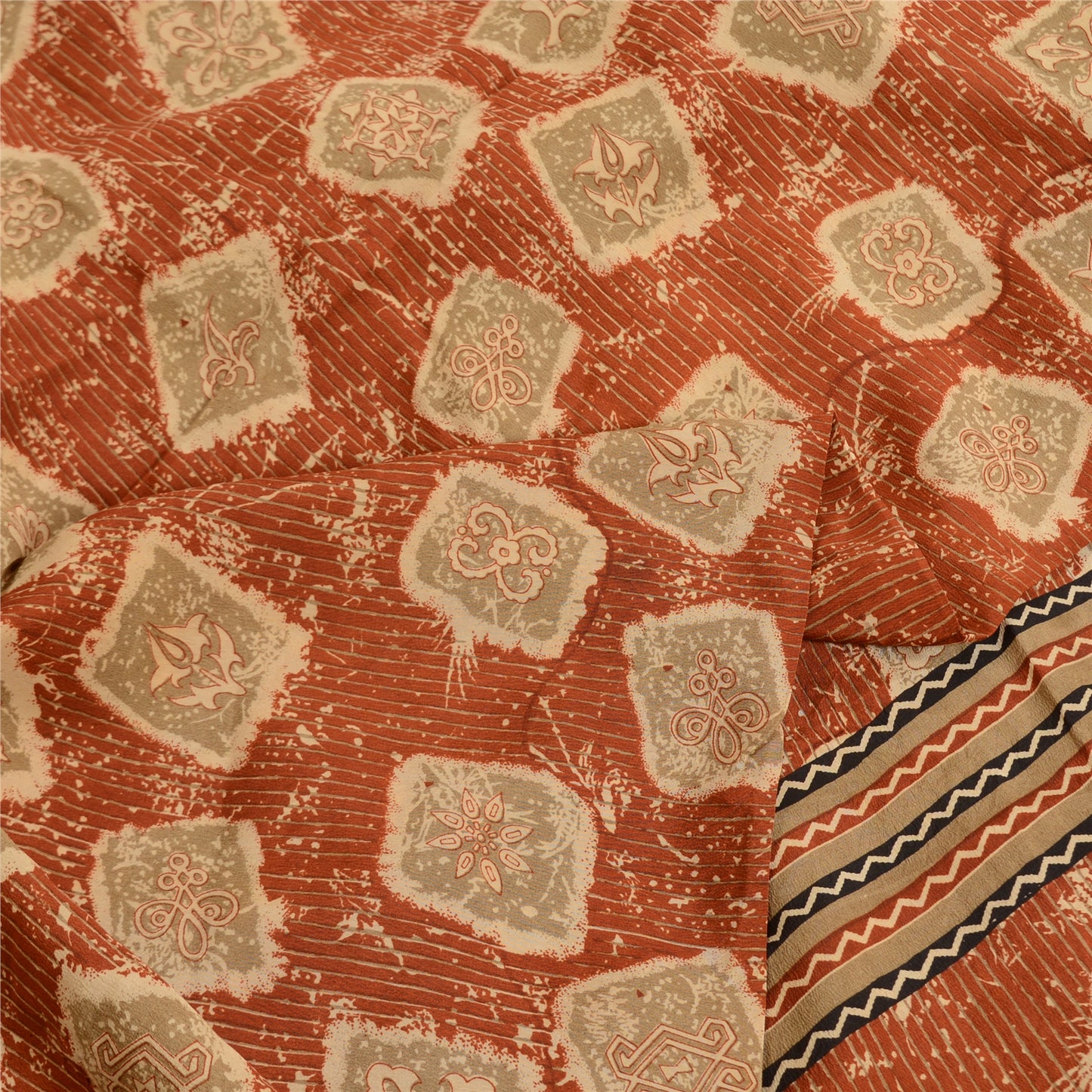 Sanskriti Vintage Sarees Orange 100% Pure Crepe Silk Printed Sari Craft Sustainable Fabric