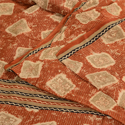 Sanskriti Vintage Sarees Orange 100% Pure Crepe Silk Printed Sari Craft Sustainable Fabric