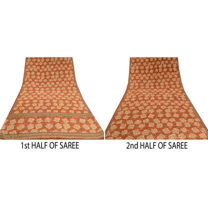 Sanskriti Vintage Sarees Orange 100% Pure Crepe Silk Printed Sari Craft Sustainable Fabric