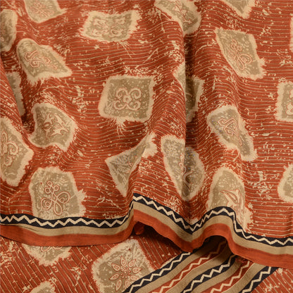 Sanskriti Vintage Sarees Orange 100% Pure Crepe Silk Printed Sari Craft Sustainable Fabric