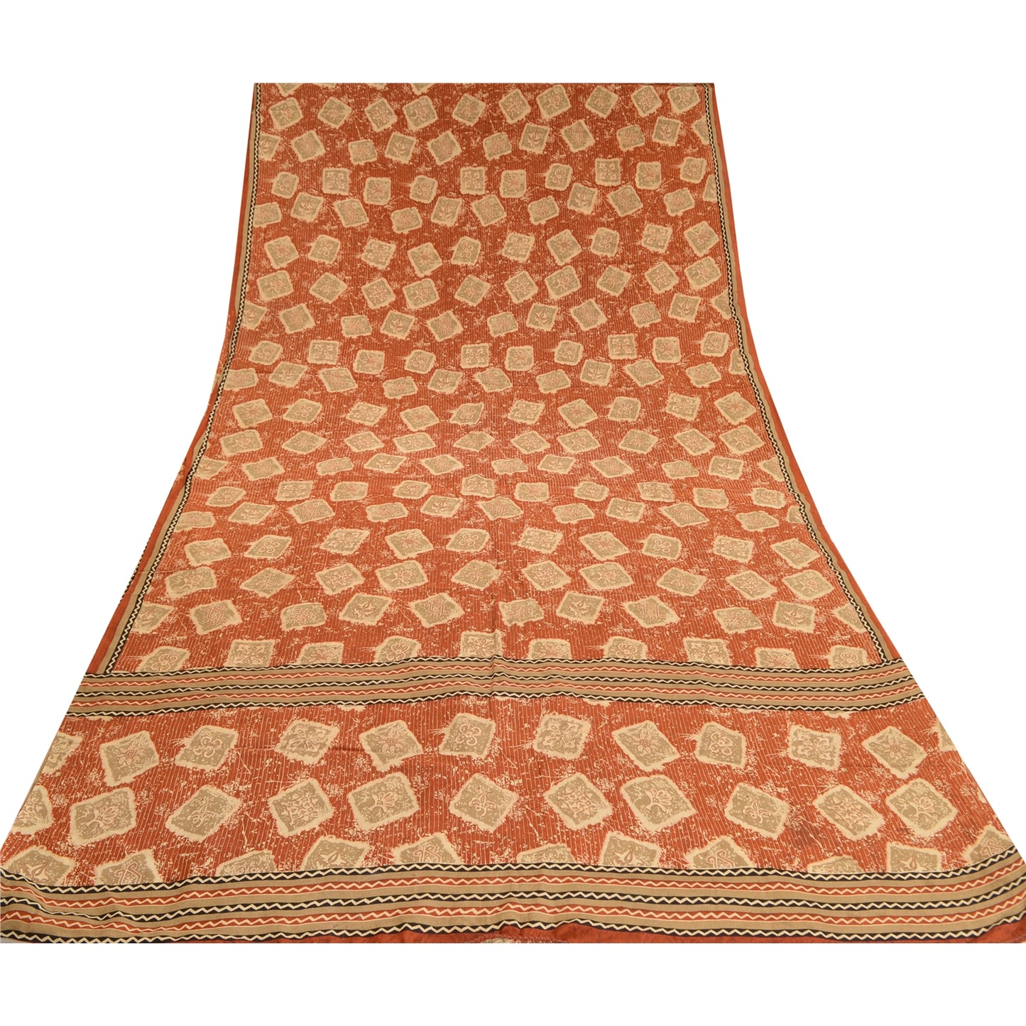 Sanskriti Vintage Sarees Orange 100% Pure Crepe Silk Printed Sari Craft Sustainable Fabric