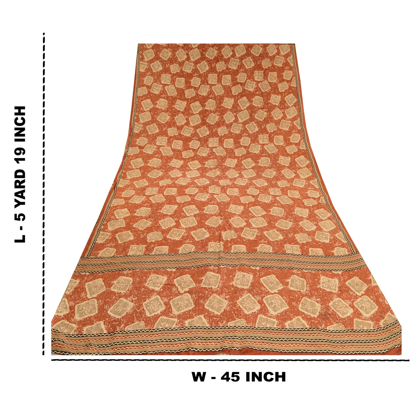 Sanskriti Vintage Sarees Orange 100% Pure Crepe Silk Printed Sari Craft Sustainable Fabric