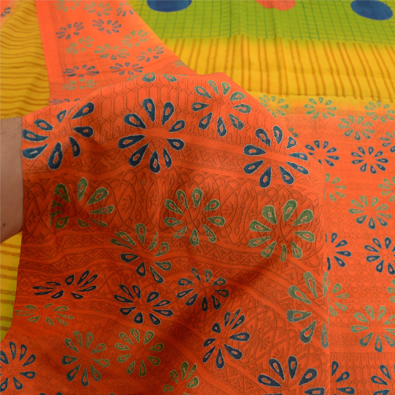 Sanskriti Vintage Sarees Orange Hand Block Printed Pure Crepe Silk Sari Sustainable Fabric