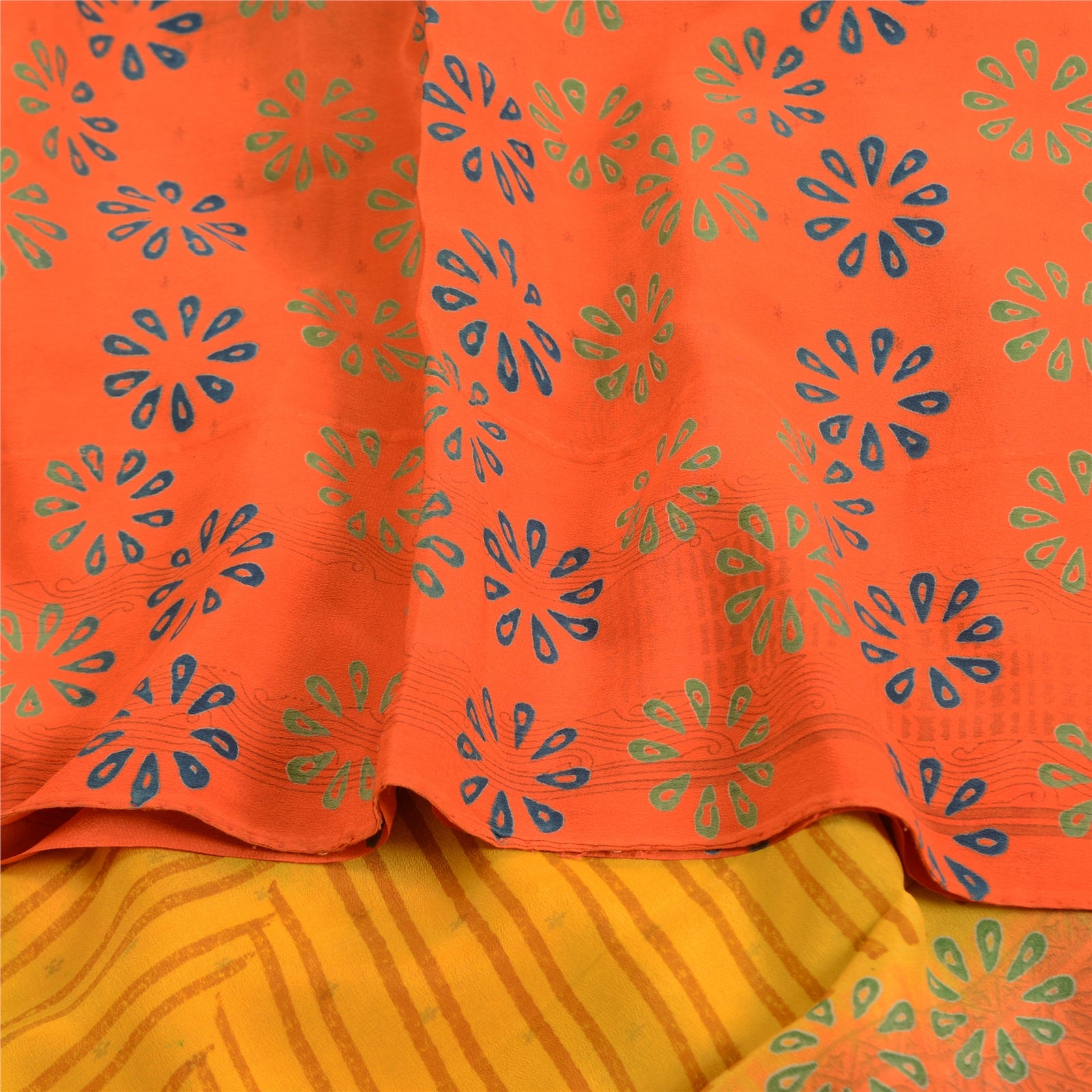 Sanskriti Vintage Sarees Orange Hand Block Printed Pure Crepe Silk Sari Sustainable Fabric