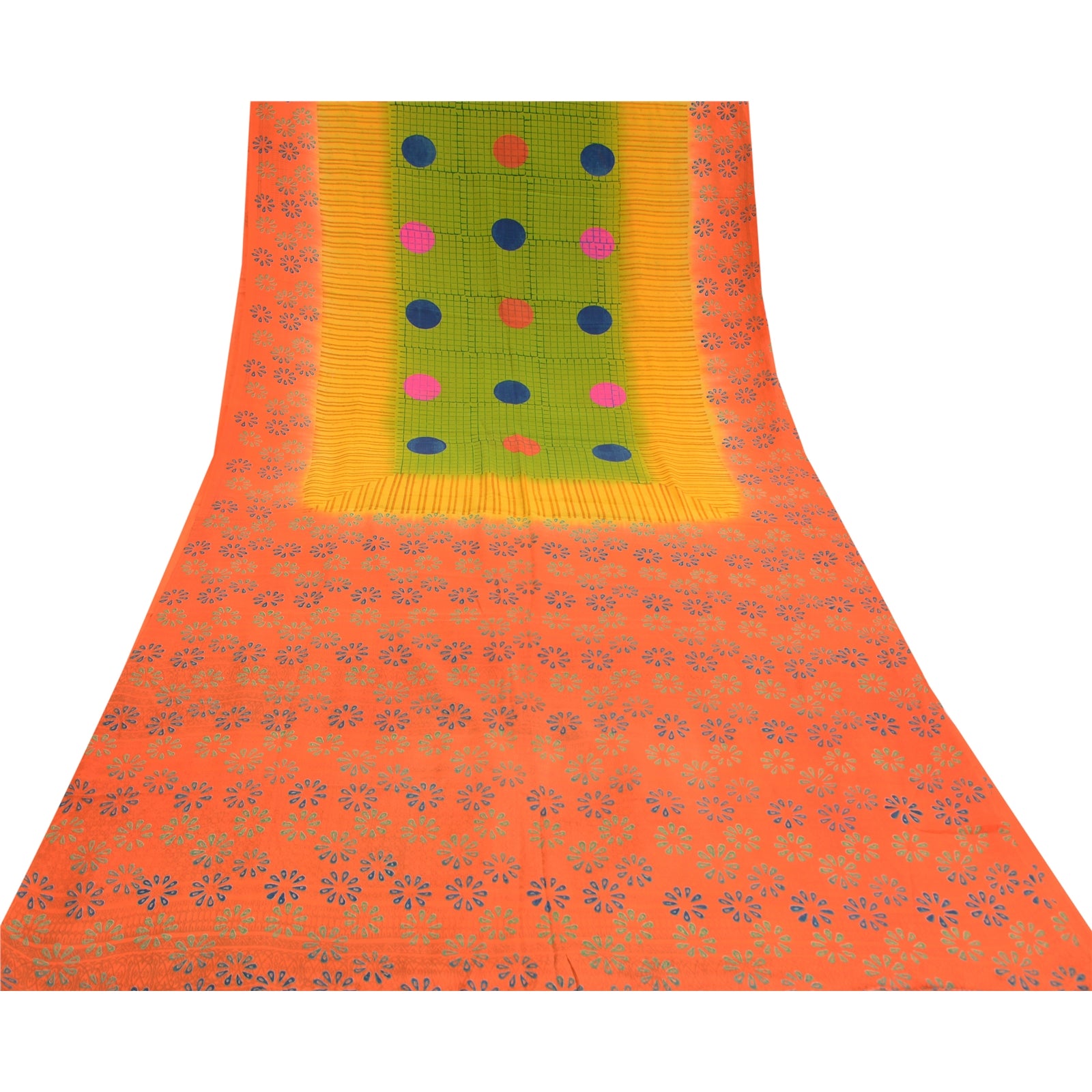 Sanskriti Vintage Sarees Orange Hand Block Printed Pure Crepe Silk Sari Sustainable Fabric