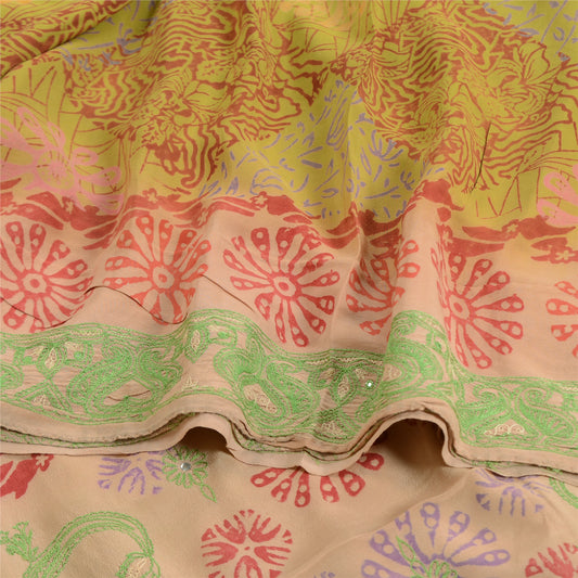 Sanskriti Vintage Sarees Embroidered Block Printed Pure Crepe Sari Craft Sustainable Fabric