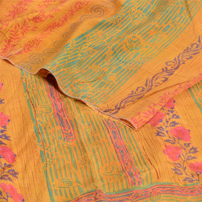 Sanskriti Vintage Sarees Yellow Block Printed Pure Crepe Silk Sari Craft Sustainable Fabric