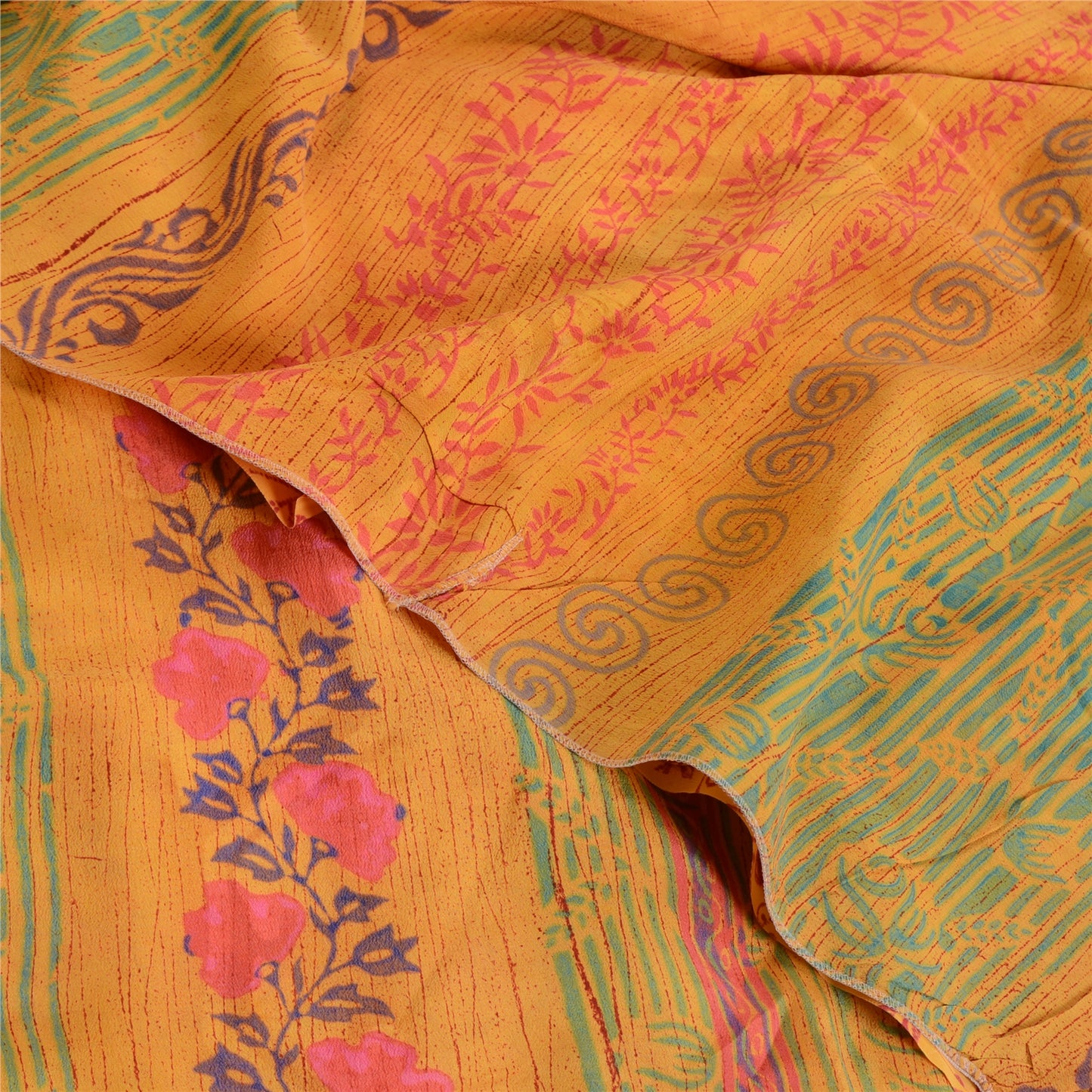 Sanskriti Vintage Sarees Yellow Block Printed Pure Crepe Silk Sari Craft Sustainable Fabric