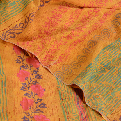 Sanskriti Vintage Sarees Yellow Block Printed Pure Crepe Silk Sari Craft Sustainable Fabric