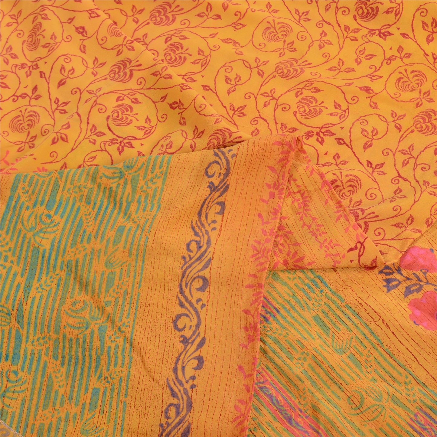 Sanskriti Vintage Sarees Yellow Block Printed Pure Crepe Silk Sari Craft Sustainable Fabric