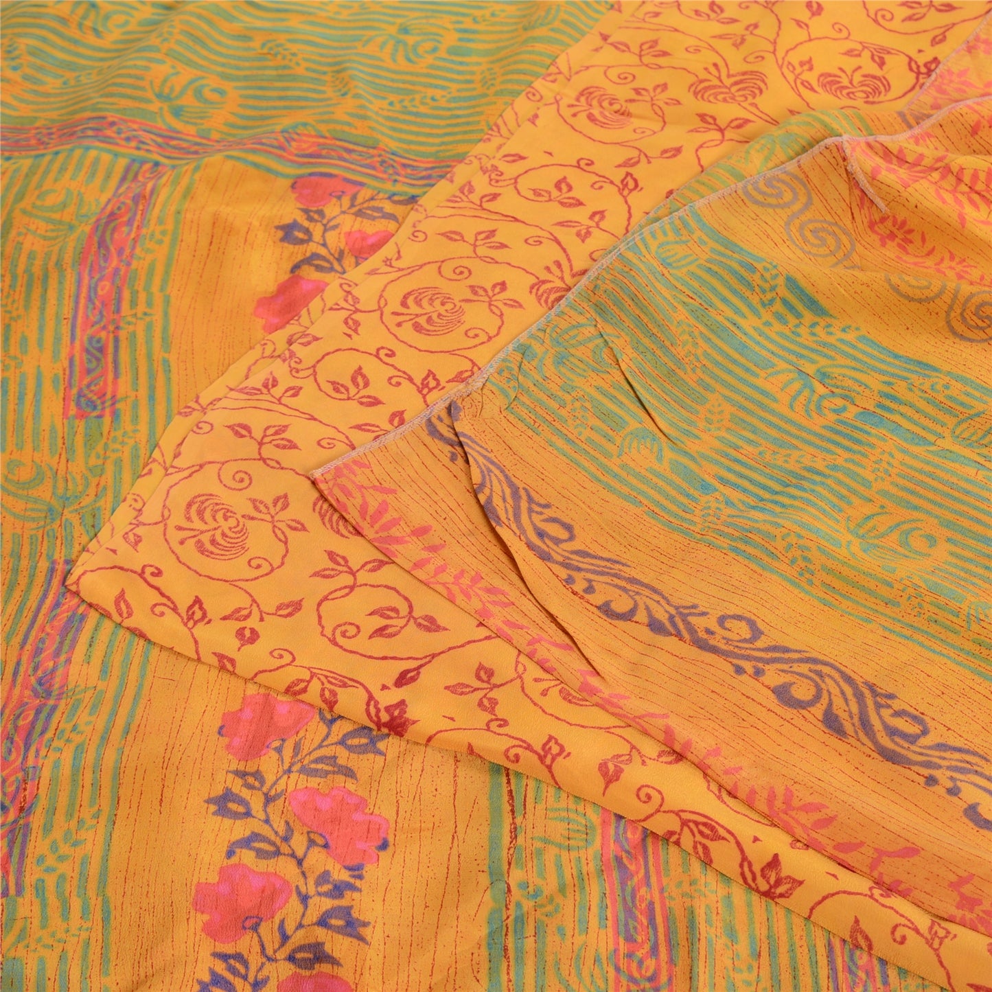 Sanskriti Vintage Sarees Yellow Block Printed Pure Crepe Silk Sari Craft Sustainable Fabric