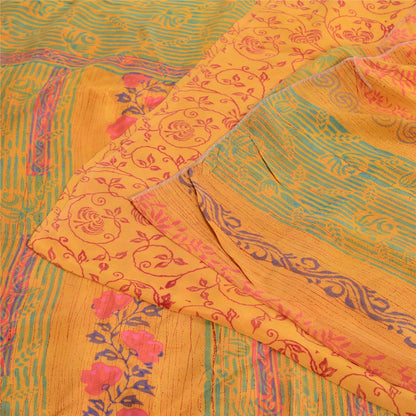 Sanskriti Vintage Sarees Yellow Block Printed Pure Crepe Silk Sari Craft Sustainable Fabric