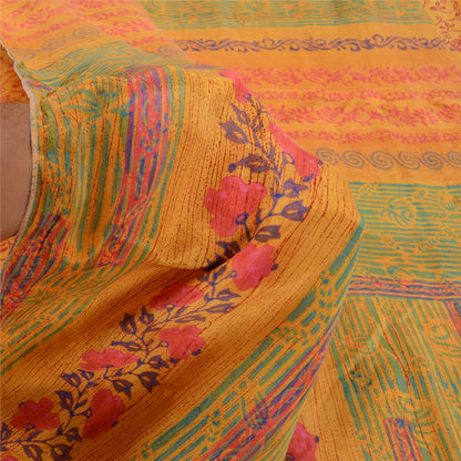 Sanskriti Vintage Sarees Yellow Block Printed Pure Crepe Silk Sari Craft Sustainable Fabric