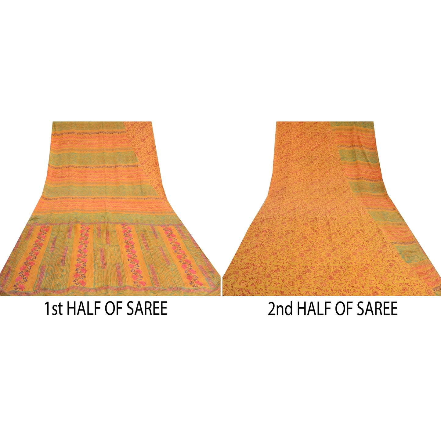 Sanskriti Vintage Sarees Yellow Block Printed Pure Crepe Silk Sari Craft Sustainable Fabric