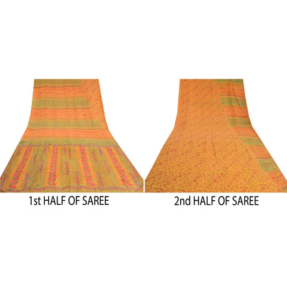 Sanskriti Vintage Sarees Yellow Block Printed Pure Crepe Silk Sari Craft Sustainable Fabric