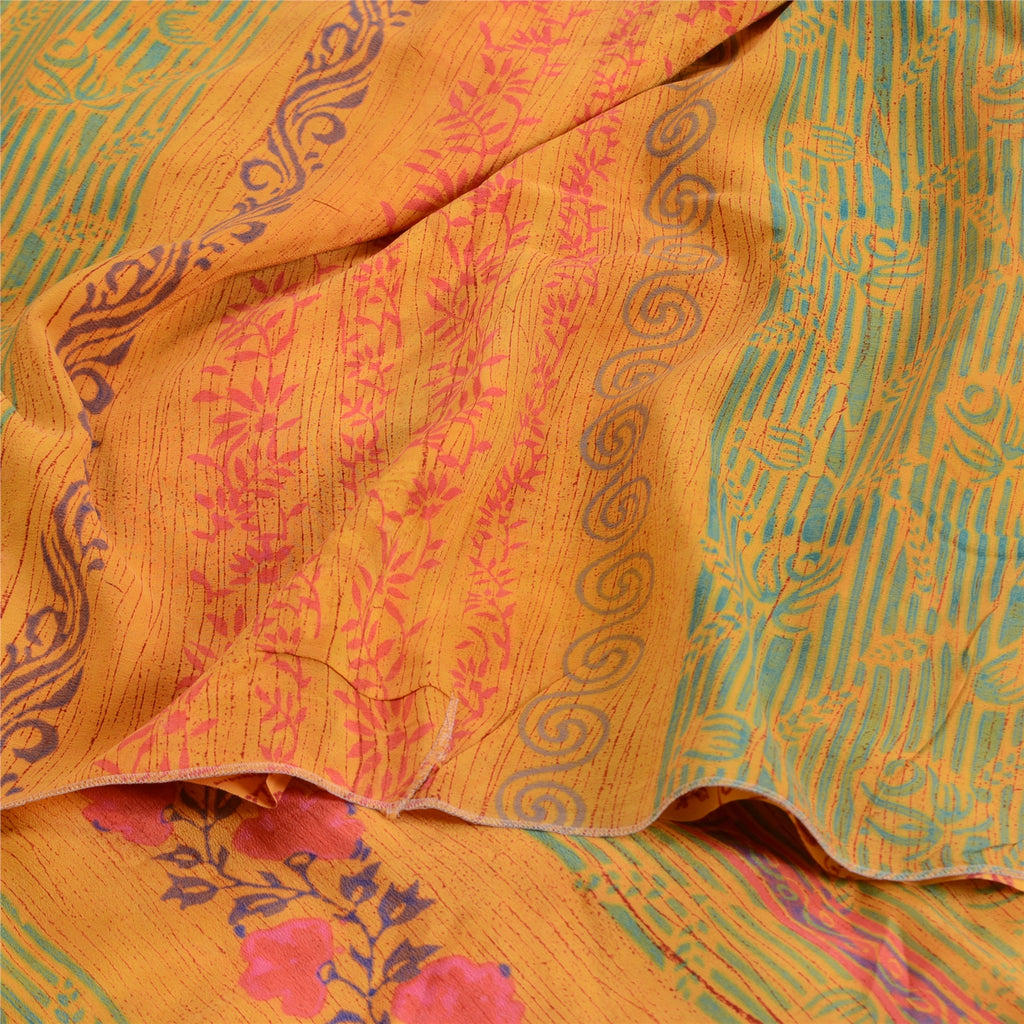Sanskriti Vintage Sarees Yellow Block Printed Pure Crepe Silk Sari Craft Sustainable Fabric