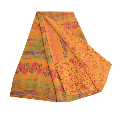Sanskriti Vintage Sarees Yellow Block Printed Pure Crepe Silk Sari Craft Sustainable Fabric