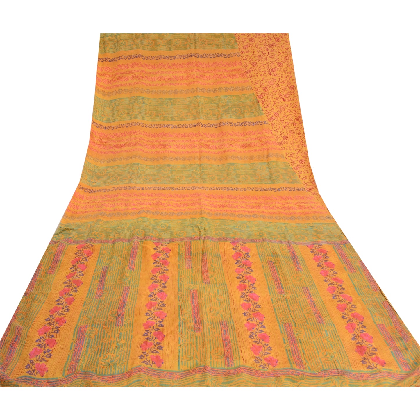 Sanskriti Vintage Sarees Yellow Block Printed Pure Crepe Silk Sari Craft Sustainable Fabric