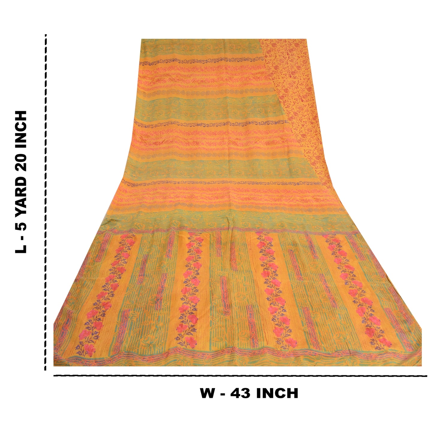 Sanskriti Vintage Sarees Yellow Block Printed Pure Crepe Silk Sari Craft Sustainable Fabric