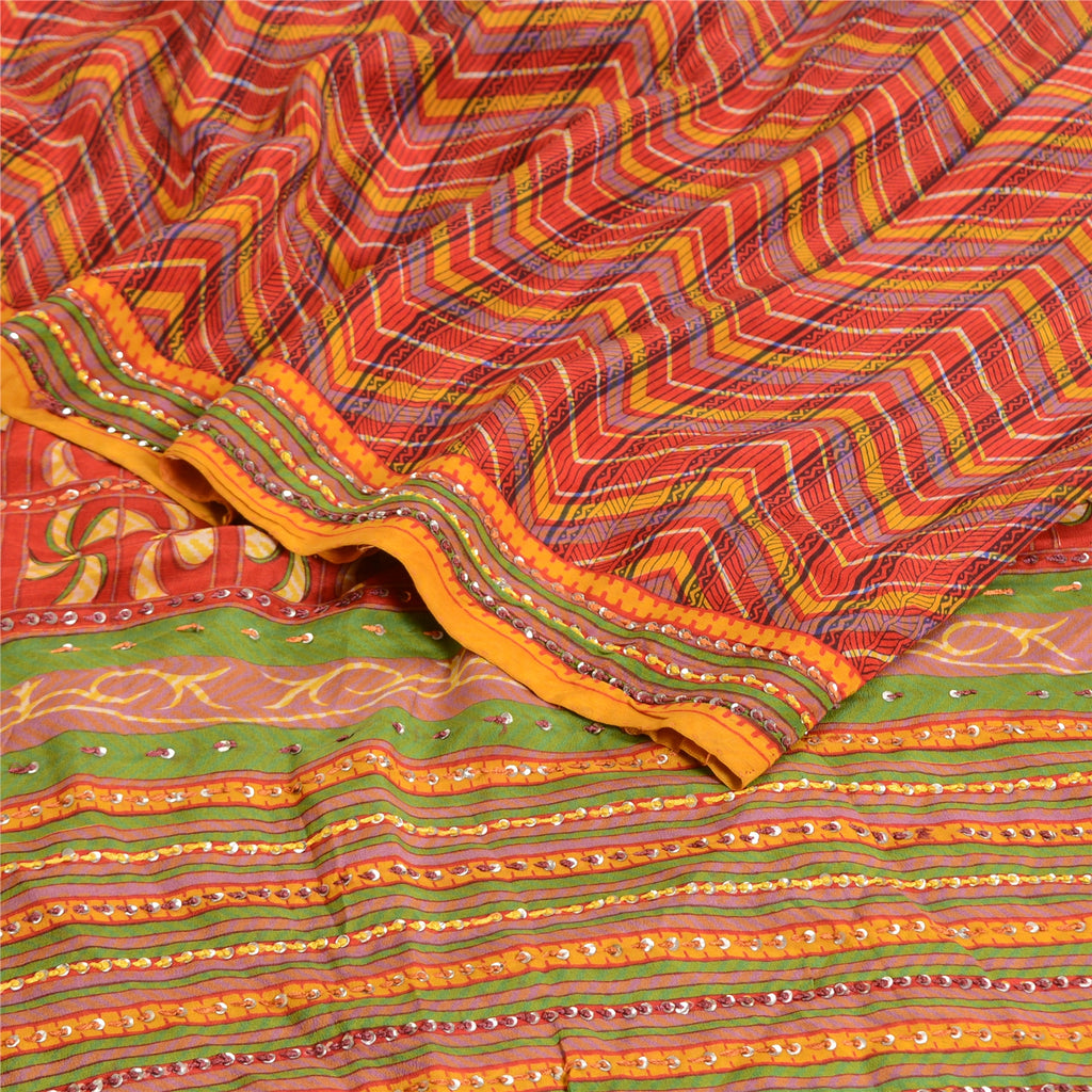 Sanskriti Vintage Sarees Red Hand Beaded Printed Pure Crepe Sari Craft Sustainable Fabric