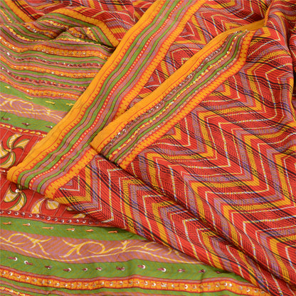 Sanskriti Vintage Sarees Red Hand Beaded Printed Pure Crepe Sari Craft Sustainable Fabric