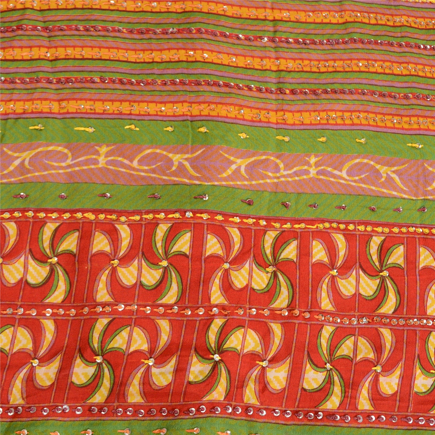 Sanskriti Vintage Sarees Red Hand Beaded Printed Pure Crepe Sari Craft Sustainable Fabric