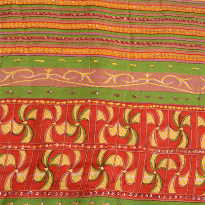 Sanskriti Vintage Sarees Red Hand Beaded Printed Pure Crepe Sari Craft Sustainable Fabric