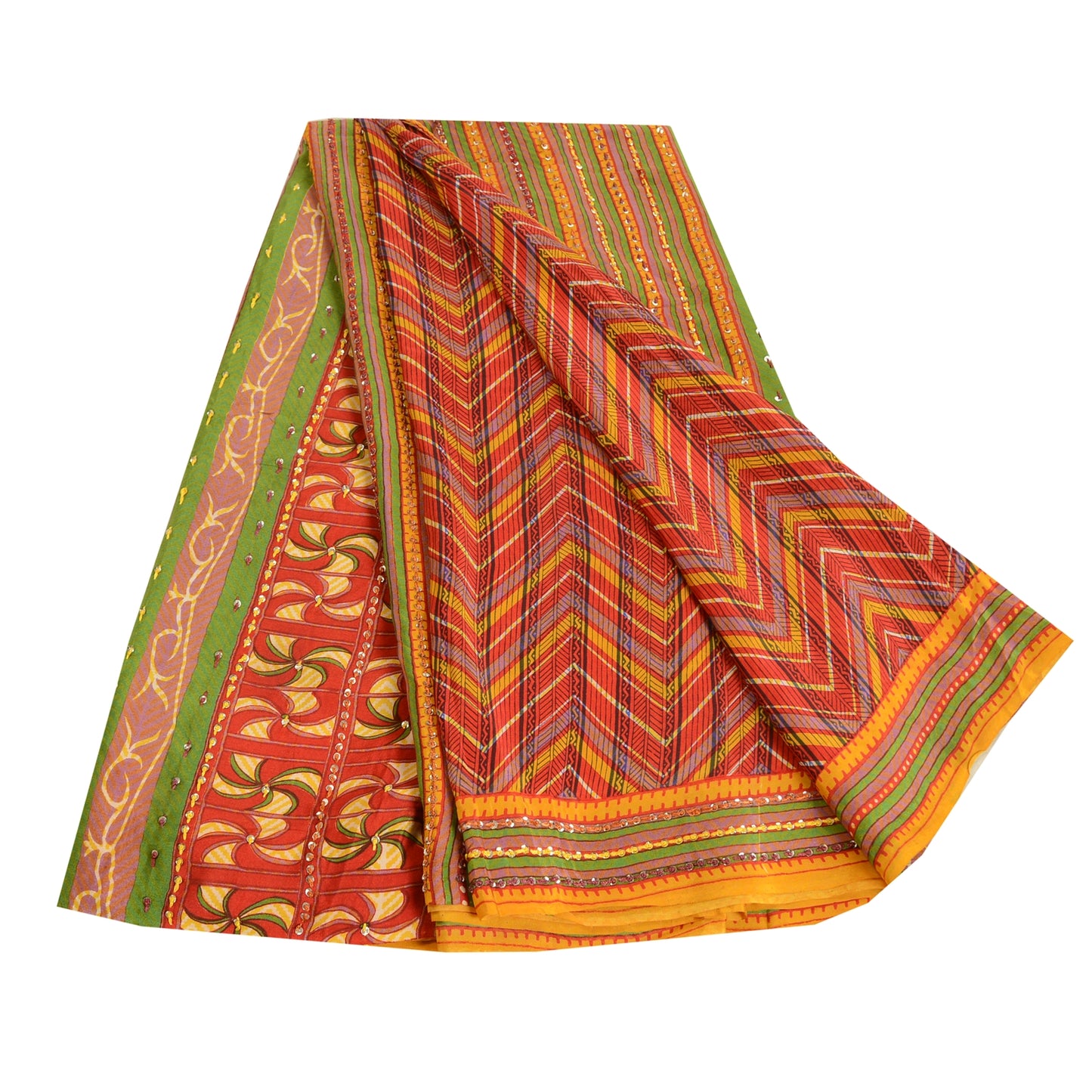Sanskriti Vintage Sarees Red Hand Beaded Printed Pure Crepe Sari Craft Sustainable Fabric