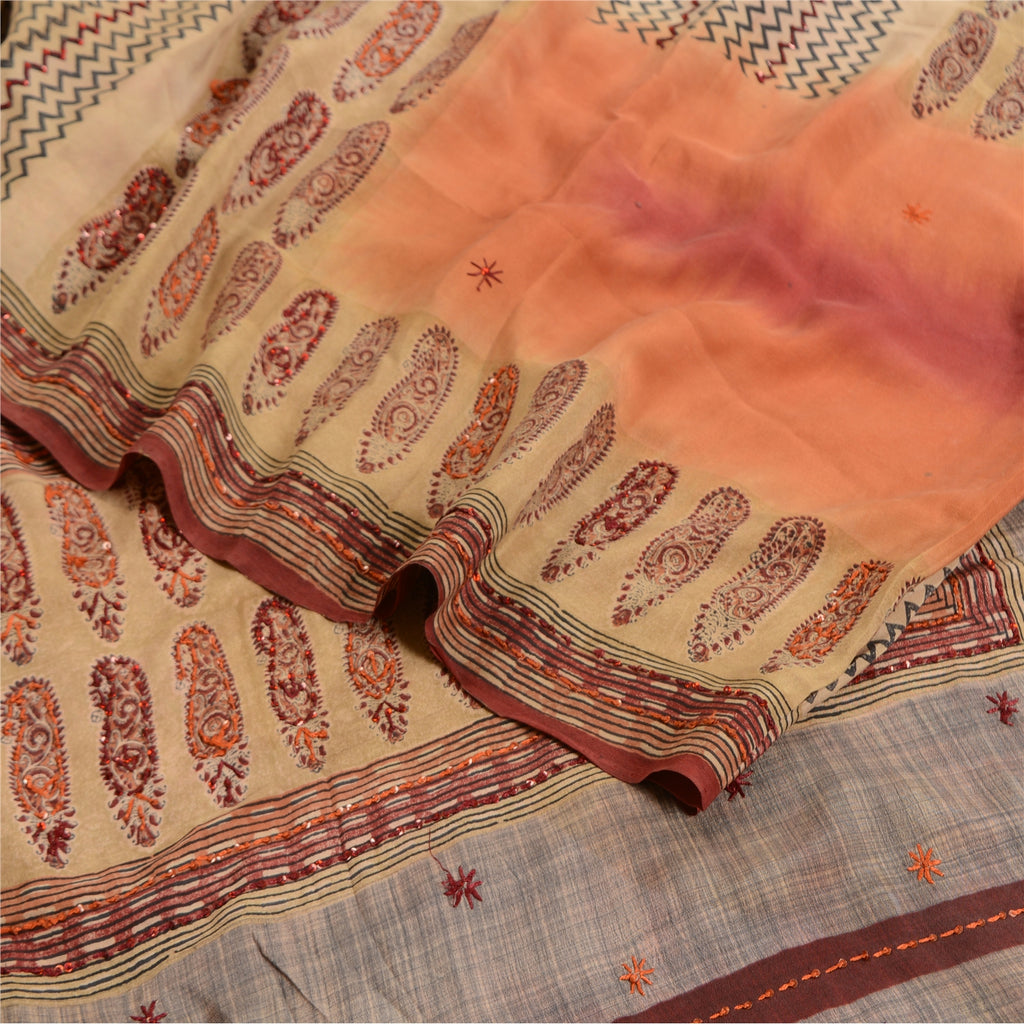 Sanskriti Vintage Sarees Pale-Cream Hand Bead Print Pure Crepe Sari 5yd Sustainable Fabric