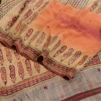 Sanskriti Vintage Sarees Pale-Cream Hand Bead Print Pure Crepe Sari 5yd Sustainable Fabric