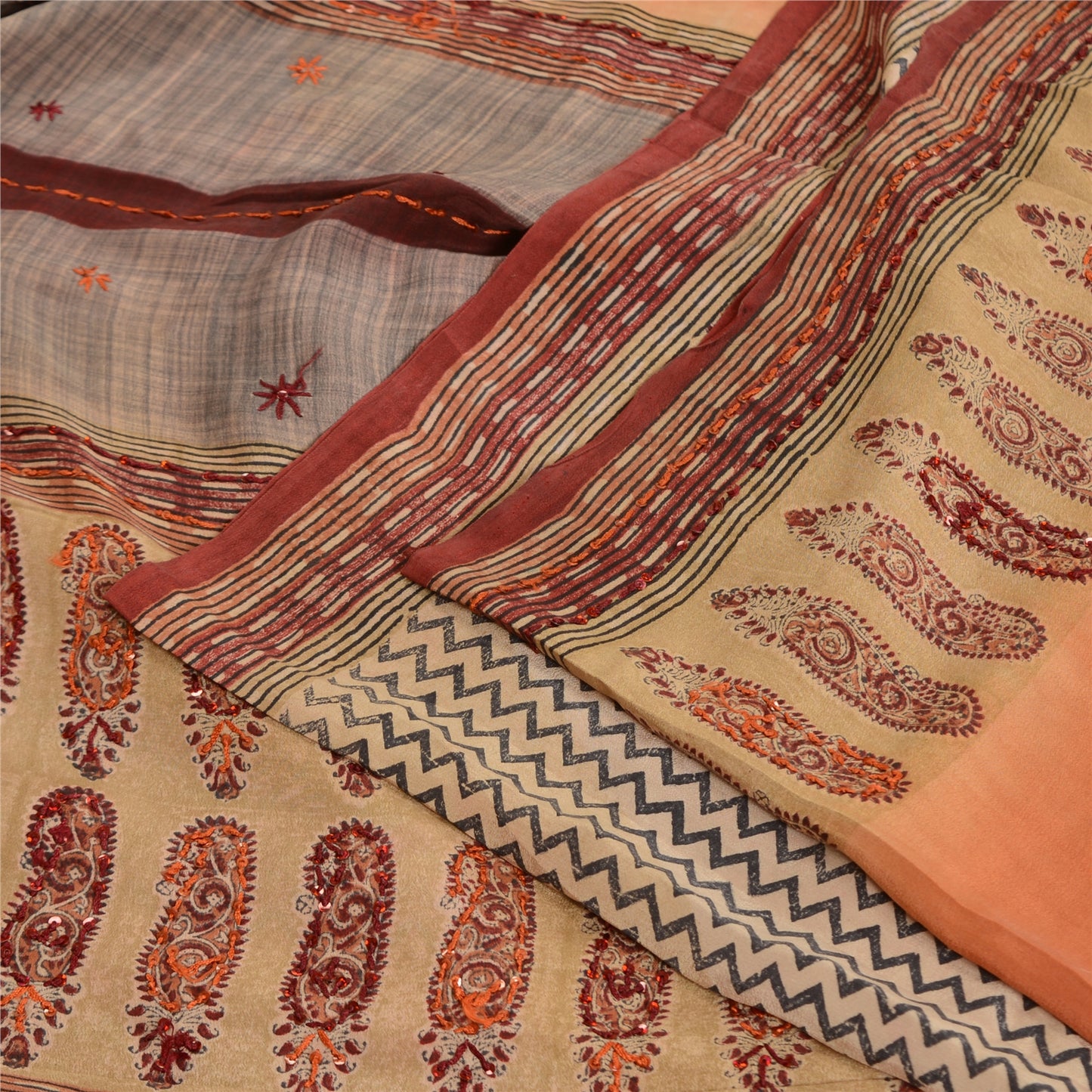 Sanskriti Vintage Sarees Pale-Cream Hand Bead Print Pure Crepe Sari 5yd Sustainable Fabric