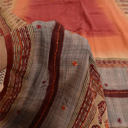 Sanskriti Vintage Sarees Pale-Cream Hand Bead Print Pure Crepe Sari 5yd Sustainable Fabric