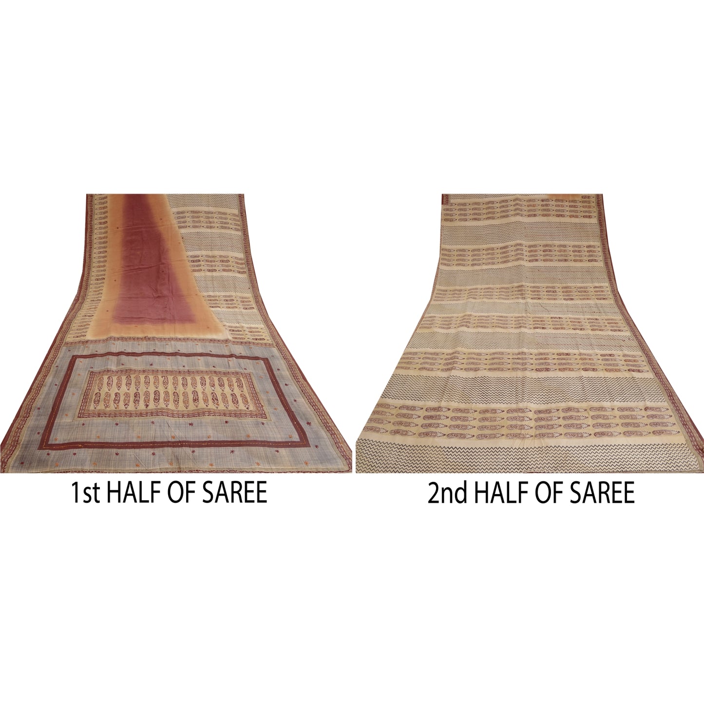 Sanskriti Vintage Sarees Pale-Cream Hand Bead Print Pure Crepe Sari 5yd Sustainable Fabric