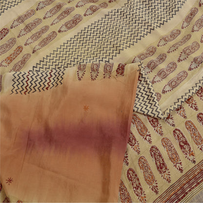 Sanskriti Vintage Sarees Pale-Cream Hand Bead Print Pure Crepe Sari 5yd Sustainable Fabric