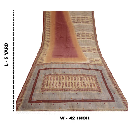 Sanskriti Vintage Sarees Pale-Cream Hand Bead Print Pure Crepe Sari 5yd Sustainable Fabric