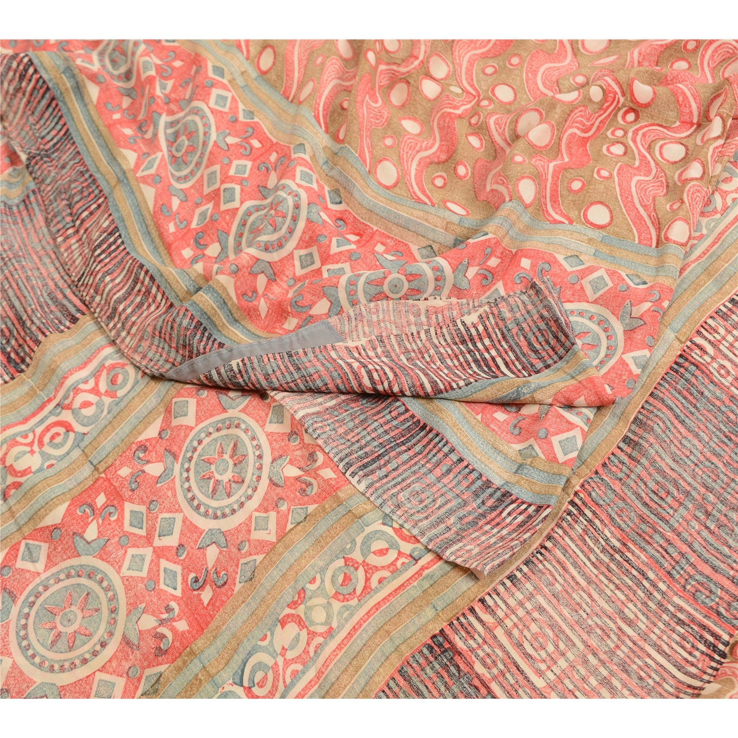 Sanskriti Vintage Sarees Indian Red Pure Crepe Silk Printed Sari Craft Sustainable Fabric