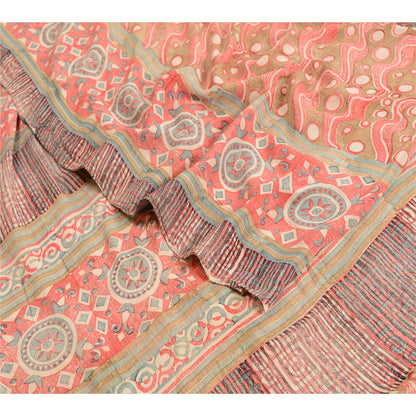 Sanskriti Vintage Sarees Indian Red Pure Crepe Silk Printed Sari Craft Sustainable Fabric